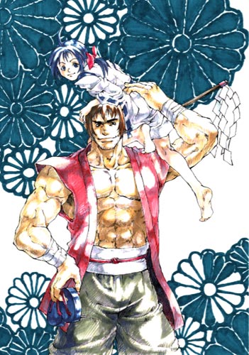 nakamura kanko, ichijou akari, kanzaki juuzou, kanzaki juzoh, bakumatsu rouman, snk, lowres, 1boy, 1girl, abs, barefoot, carrying, flower, shoulder carry