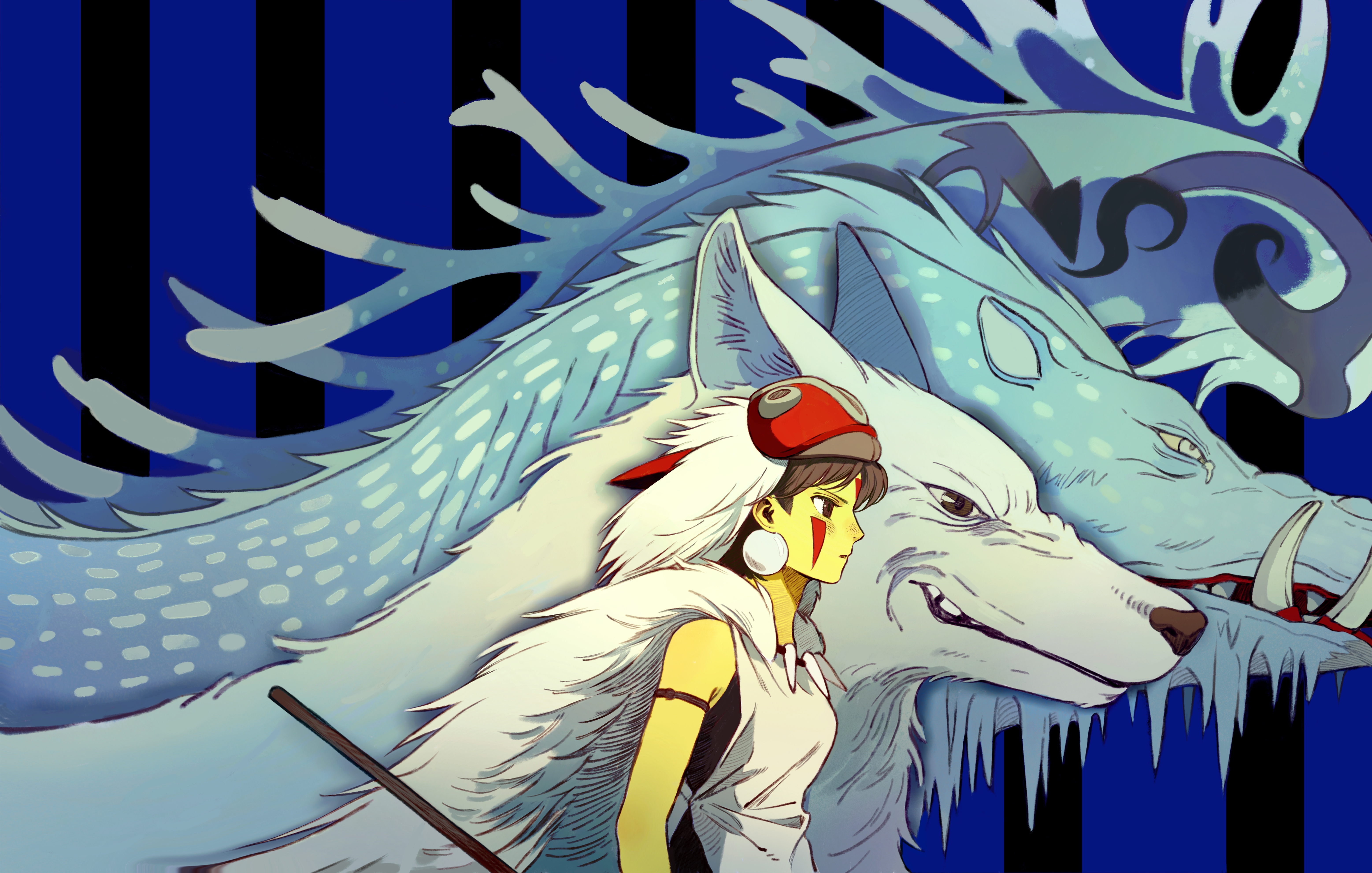 chaojufei, san (mononoke hime), mononoke hime, absurdres, commentary, highres, 1girl, brown eyes, brown hair, cape, earrings, facepaint, facial mark, from side, fur cape, jewelry, mask, mask on head, necklace, short hair, tooth necklace, white wolf, wolf