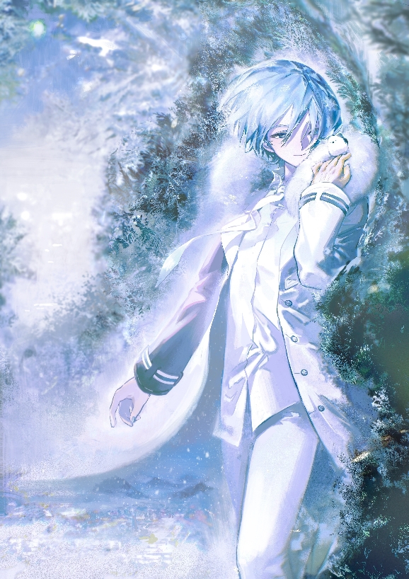 kaito (diamond dust) (vocaloid), kaito (vocaloid), project diva (series), vocaloid, 1boy, beret cj, bird, bird on hand, blue eyes, blue hair, blue nails, coat, fur-trimmed coat, fur trim, hair between eyes, looking to the side, male focus, necktie, official alternate hair color, pants, shirt, short hair, smile, snow, solo, standing, white bird, white coat, white necktie, white pants, white shirt, winter