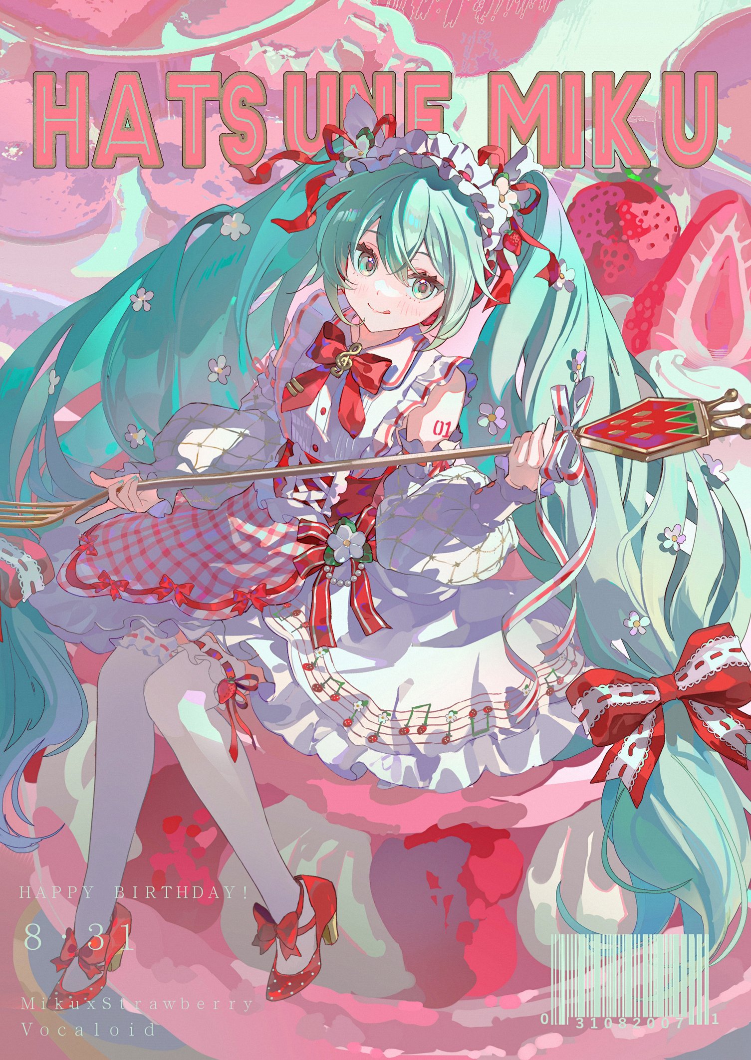 lunar (lunar 815), hatsune miku, strawberry miku (morikura), vocaloid, commentary, highres, symbol-only commentary, 1girl, :q, alternate costume, aqua hair, arm tattoo, barcode, blush, bow, buttons, character name, closed mouth, copyright name, dated, english text, fork, full body, hair bow, hair ribbon, hairband, happy birthday, holding, holding fork, lolita hairband, long hair, musical note, neck ribbon, number tattoo, red bow, red ribbon, red shoes, ribbon, shoes, sitting, smile, solo, tattoo, thighhighs, tongue, tongue out, twintails, very long hair, white headdress, white thighhighs