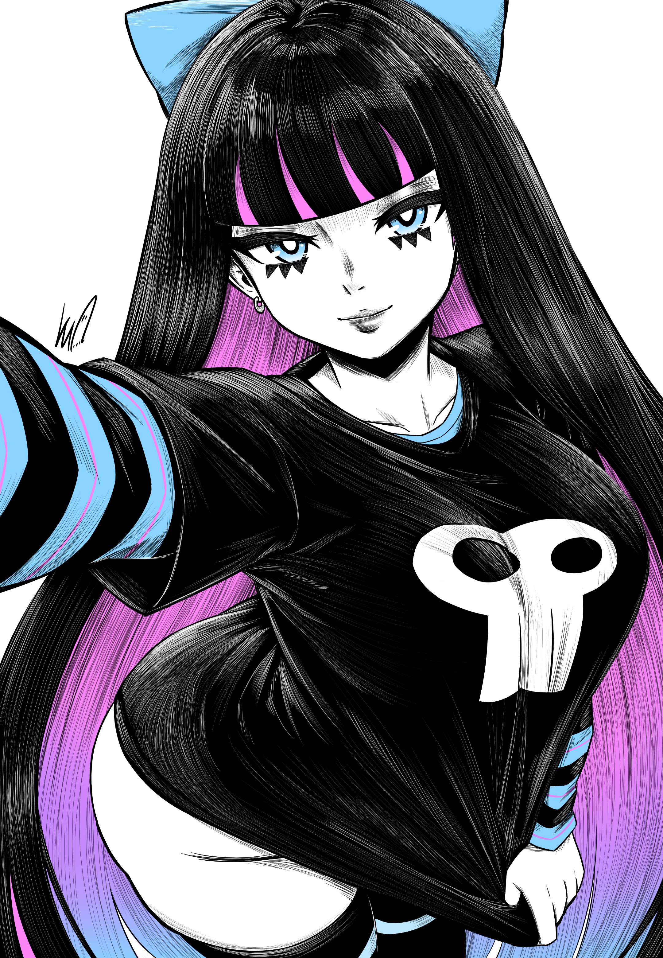 lughost, stocking (psg), panty & stocking with garterbelt, absurdres, highres, 1girl, black hair, black shirt, bow, breasts, closed mouth, clothes pull, collarbone, cowboy shot, earrings, hair bow, jewelry, large breasts, long hair, long sleeves, no panties, pink hair, pulling own clothes, shirt, simple background, skull print, smile, solo, striped sleeves, thighhighs, white background