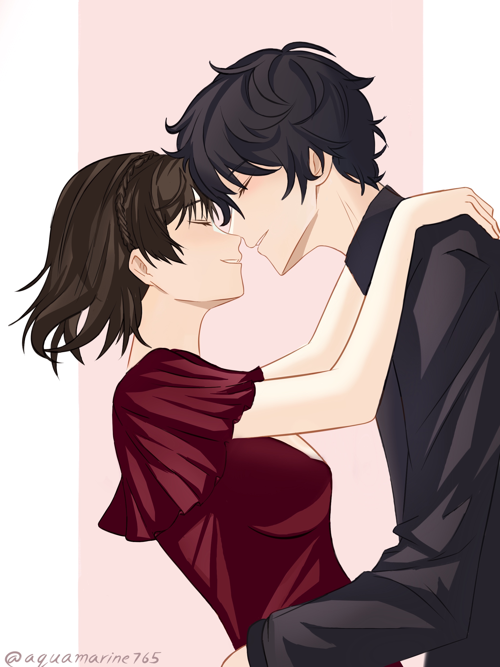 nova 765x, amamiya ren, niijima makoto, persona, persona 5, absurdres, highres, 1boy, 1girl, black hair, brown hair, closed eyes, dress, forehead-to-forehead, hand on another's shoulder, heads together, red dress, short hair, two-tone background