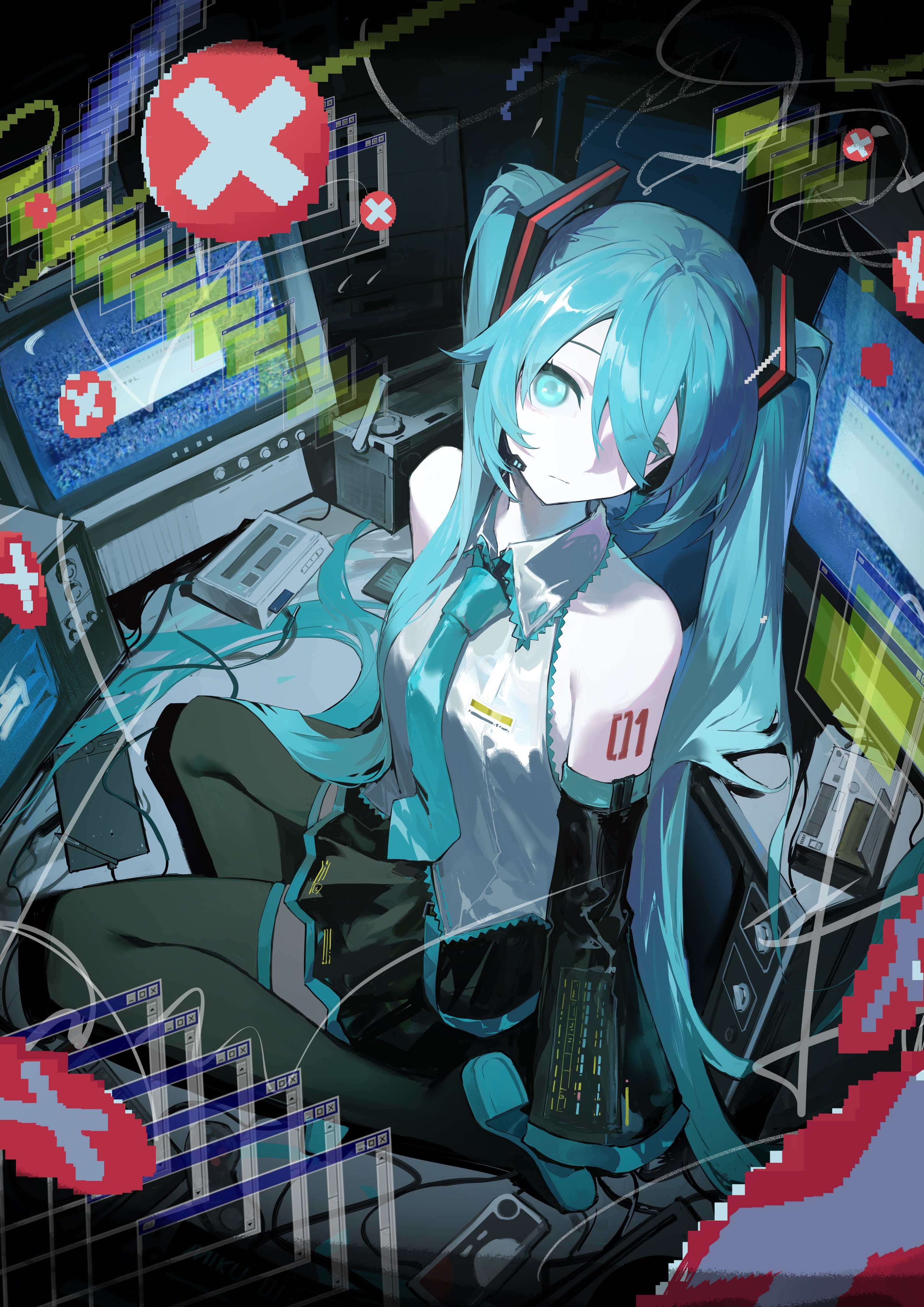 jiu ye sang, hatsune miku, vocaloid, absurdres, commentary request, highres, 1girl, aqua eyes, aqua hair, aqua necktie, black boots, black skirt, black sleeves, boots, breasts, closed mouth, detached sleeves, grey shirt, hair between eyes, long hair, looking at viewer, monitor, necktie, number tattoo, red tattoo, shirt, sitting, skirt, sleeveless, sleeveless shirt, solo, tattoo, thigh boots, twintails, very long hair