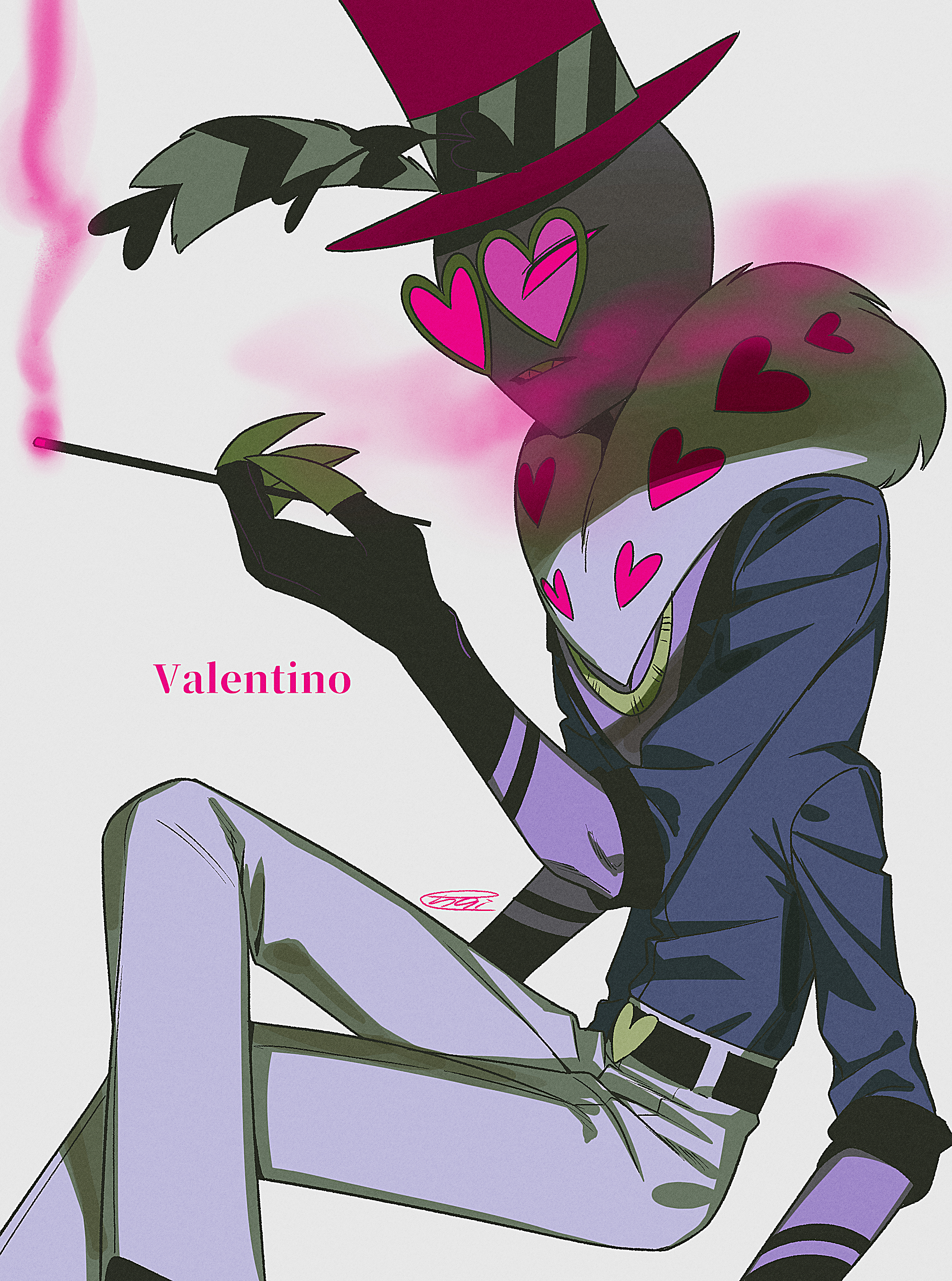 menma (enaic31), valentino (hazbin hotel), hazbin hotel, hellaverse, absurdres, commentary request, highres, 1boy, bald, belt, black belt, character name, clenched teeth, colored sclera, colored skin, crossed legs, extra arms, feet out of frame, fewer digits, film grain, fur trim, gold necklace, grey background, grey shirt, hand up, hat, hat feather, heart, heart-shaped eyewear, heart belt, heart print, holding, invisible chair, jewelry, looking at viewer, male focus, necklace, pants, pink-tinted eyewear, pink hat, pink sclera, purple skin, sharp teeth, shirt, shirt tucked in, signature, simple background, sitting, smoke, solo, sunglasses, teeth, three-quarter sleeves, tinted eyewear, top hat, white pants, yellow-framed eyewear