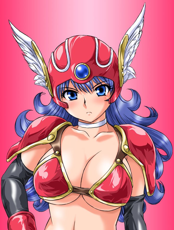 toushi ryoku, warrior (dq3), chunsoft, dragon quest, dragon quest iii, enix, square enix, 1girl, armor, bikini armor, blue eyes, blue hair, breasts, choker, cleavage, elbow gloves, female focus, gloves, helmet, large breasts, long hair, matching hair/eyes, purple hair, red armor, shoulder pads, solo, underboob, upper body, winged helmet