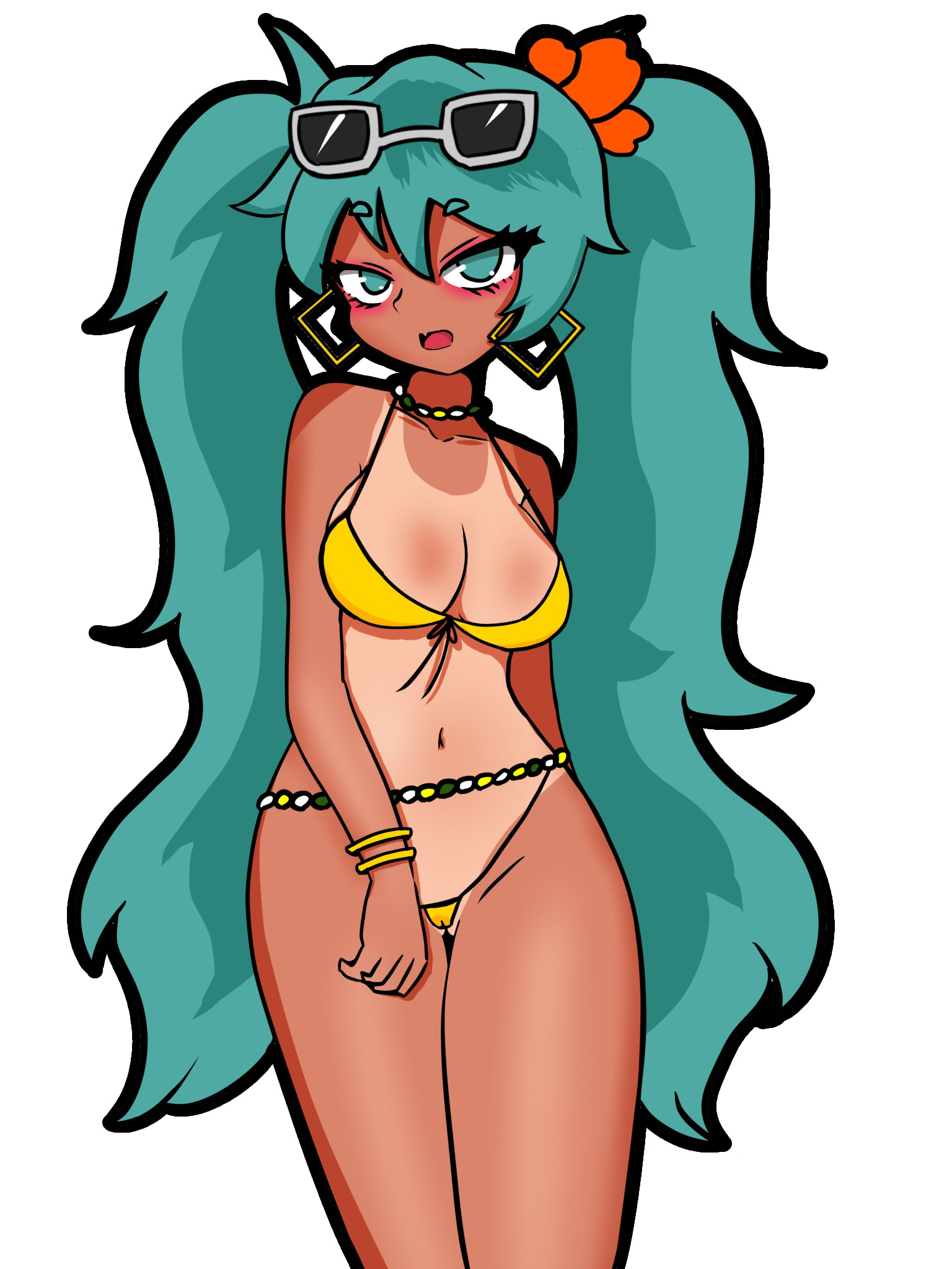 masshou-san, brazilian miku, hatsune miku, worldwide miku, vocaloid, 1girl, aqua eyes, aqua hair, bikini, breasts, cameltoe, choker, cleavage, collarbone, diamond earrings, earrings, eyewear on head, fang, flower, hair flower, hair ornament, jewelry, large breasts, long hair, looking at viewer, micro bikini, navel, one-piece tan, open mouth, red flower, standing, sunglasses, sunglasses on head, swimsuit, tan, tanline, twintails, white background, yellow bikini