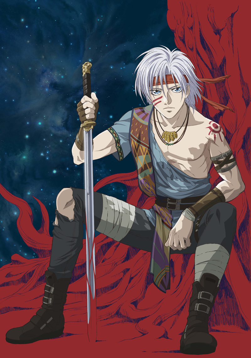 juu-ou-sei, non-web source, 00s, 1boy, blood, blue eyes, boots, full body, headband, jewelry, male focus, nature, necklace, night, outdoors, plant, sky, solo, sword, tattoo, thor (jyu oh sei), thor klein, weapon, white hair