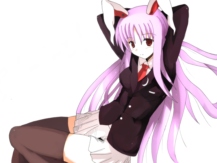 usugiri bacon, reisen udongein inaba, touhou, light purple hair, bad id, bad pixiv id, 1girl, animal ears, arms behind head, black thighhighs, blazer, female focus, jacket, long hair, rabbit ears, red eyes, solo, thighhighs, zettai ryouiki