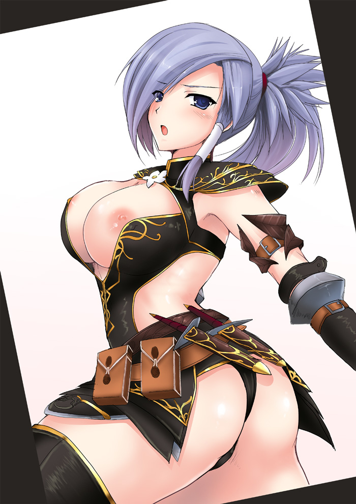 kizuki aruchu, capcom, monster hunter (series), monster hunter frontier, 1girl, :o, areola slip, armband, armor, armpits, ass, back, belt, belt pouch, black panties, black thighhighs, blue eyes, blue hair, blush, border, breasts, buckle, cleavage, cleavage cutout, clothing cutout, cowboy shot, curvy, dagger, elbow gloves, embarrassed, female focus, gloves, hair ornament, hair tubes, huge ass, knife, large breasts, long hair, looking at viewer, looking back, matching hair/eyes, microskirt, nipple slip, nipples, no bra, noir (armor), open mouth, panties, pantyshot, pauldrons, ponytail, pouch, profile, scrunchie, sheath, shoulder armor, simple background, skirt, solo, spiked hair, standing, strap, surprised, swept bangs, thick thighs, thighhighs, thighs, thong, turtleneck, twisted torso, underwear, upskirt, weapon, white background, zettai ryouiki