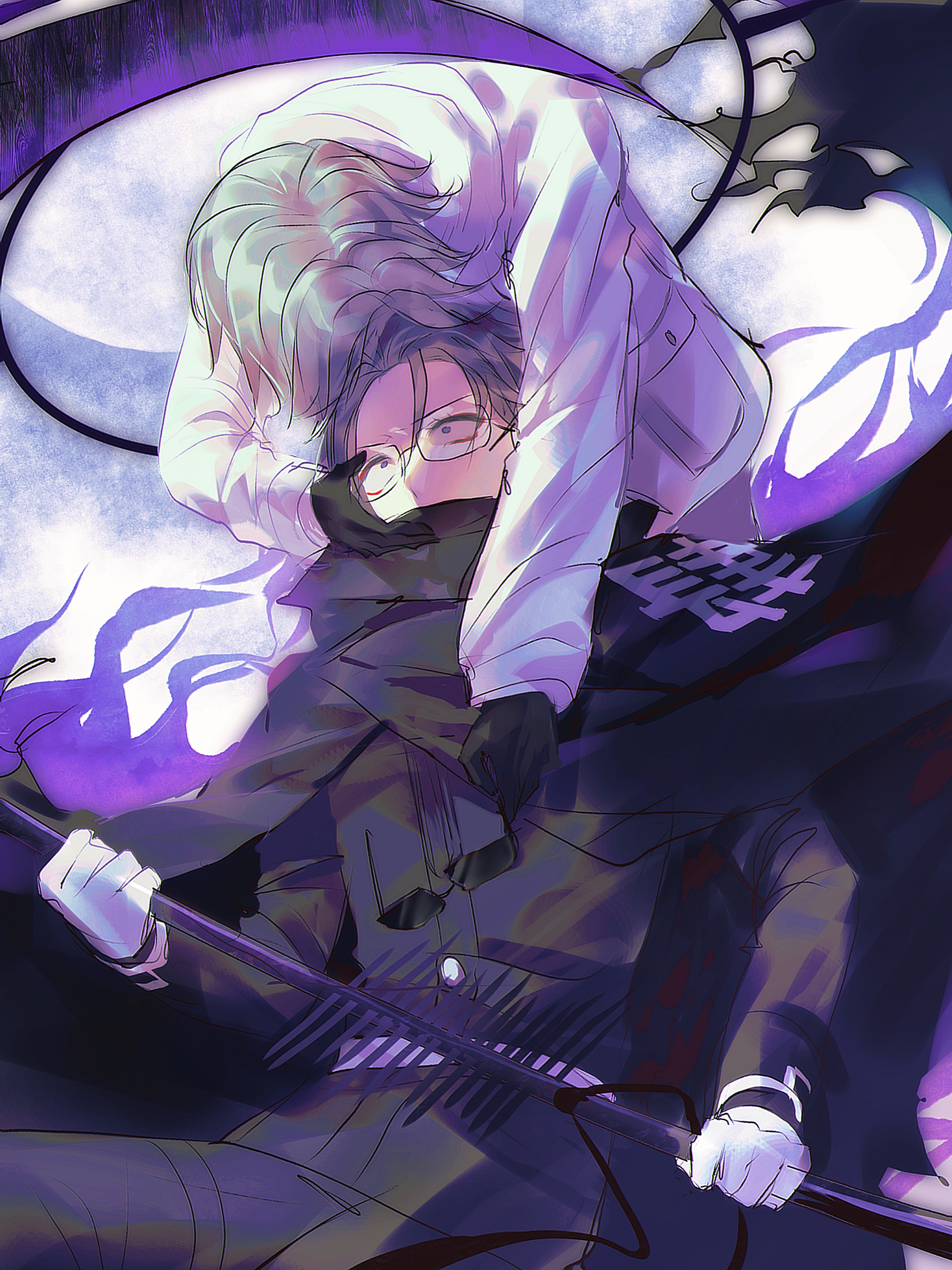 aotsuki eito, the hundred line -last defense academy-, absurdres, chinese commentary, commentary request, highres, spoilers, 2boys, belt, black cloak, black gloves, black halo, black jacket, black pants, cloak, covered mouth, dual persona, eyeliner, facing another, gakuran, glasses, gloves, grey hair, halo, holding, holding removed eyewear, holding scythe, holding weapon, jacket, last defense academy school uniform, looking at another, makeup, male focus, multiple boys, official alternate hairstyle, pants, pocket, red eyeliner, school uniform, scythe, short hair, spikes, sunglasses, unworn eyewear, weapon, white belt, white gloves, white jacket, wide-eyed, xinjinjumin3698610