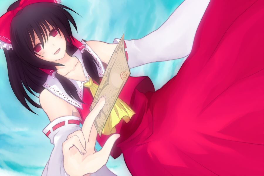 harano, hakurei reimu, touhou, bad id, bad pixiv id, 1girl, bare shoulders, black hair, bow, card, detached sleeves, female focus, flat chest, hair bow, hair tubes, long hair, ofuda, outstretched arm, ponytail, red bow, red eyes, skirt, solo