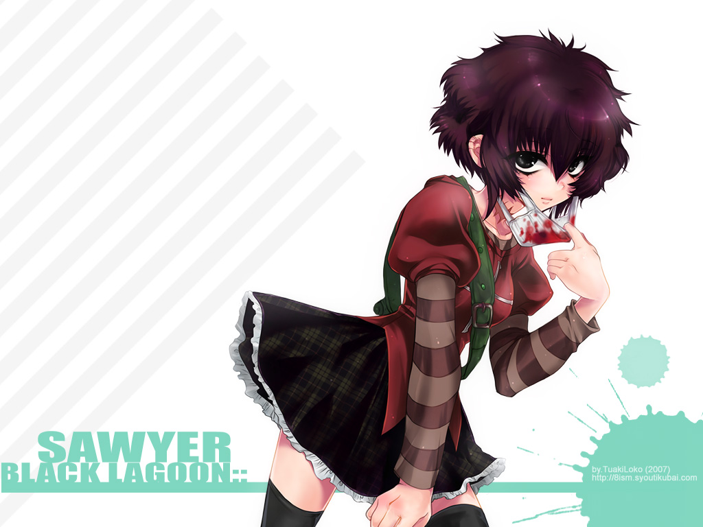 frederica sawyer, black lagoon, 00s, 1girl, blood, female focus, mask, mouth mask, purple hair, solo, surgical mask, thighhighs
