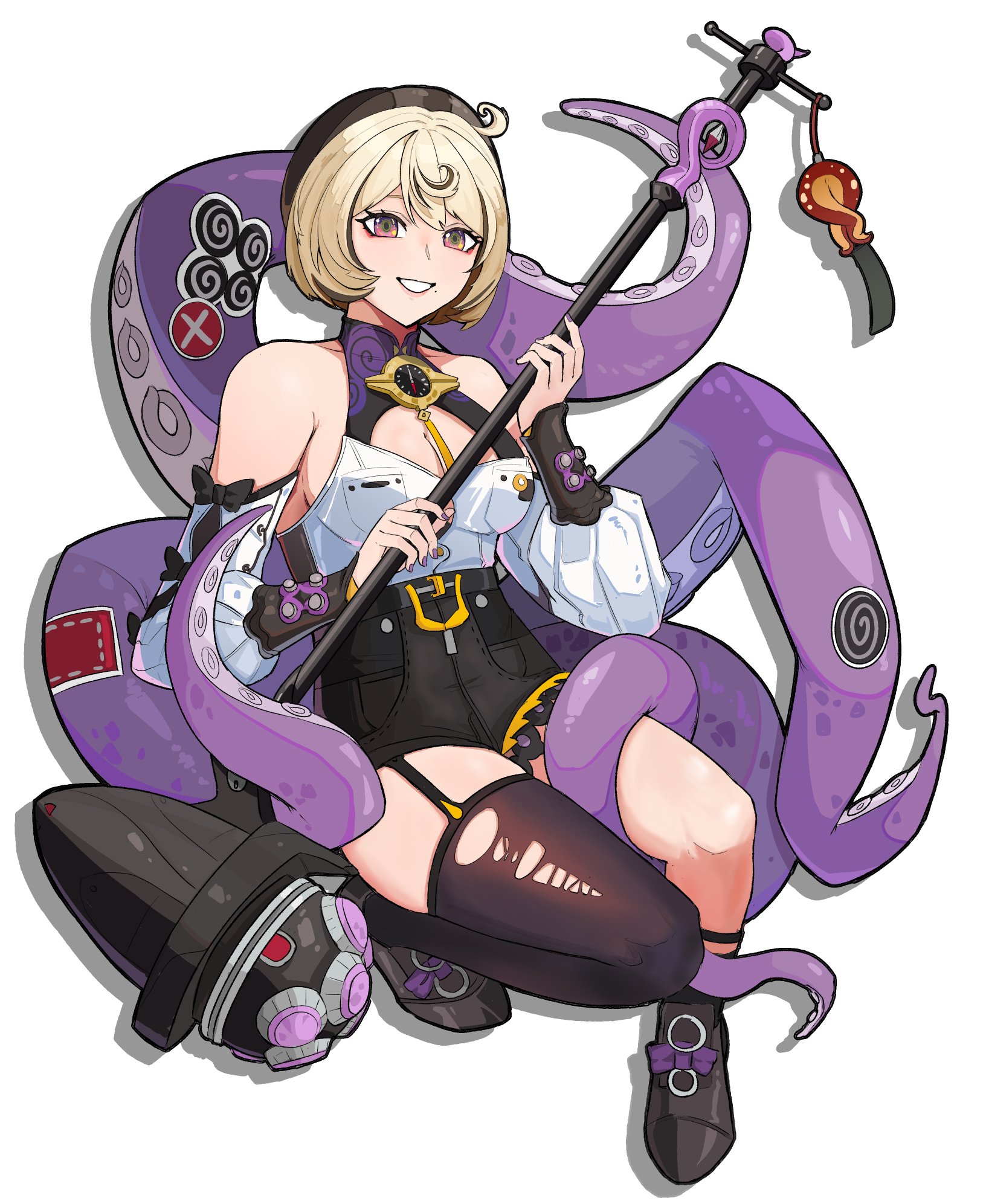 yidhari (zenless zone zero), zenless zone zero, highres, bare shoulders, bow, bowtie, charm (object), hammer, kurokoi art, octopus, shoes, smile, sticker, torn clothes