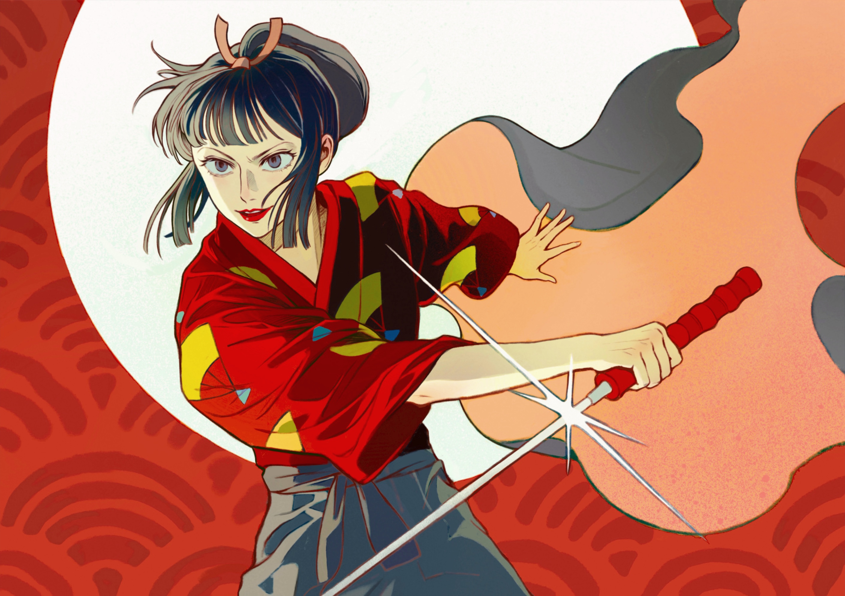 chaojufei, eboshi, mononoke hime, commentary, highres, 1girl, black hair, holding, holding sword, holding weapon, japanese clothes, red lips, short hair, solo, sword, weapon