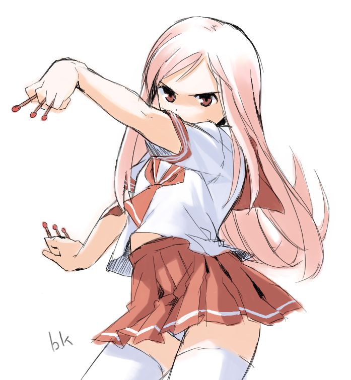 b.k., ichikura (bk), lucy maria misora, to heart (series), to heart 2, bad id, bad pixiv id, jpeg artifacts, 00s, 1girl, between fingers, female focus, flat chest, holding, long hair, matches, midriff, oekaki, panties, pantyshot, pink hair, red eyes, school uniform, serafuku, sketch, skirt, solo, thighhighs, underwear, upskirt, zettai ryouiki