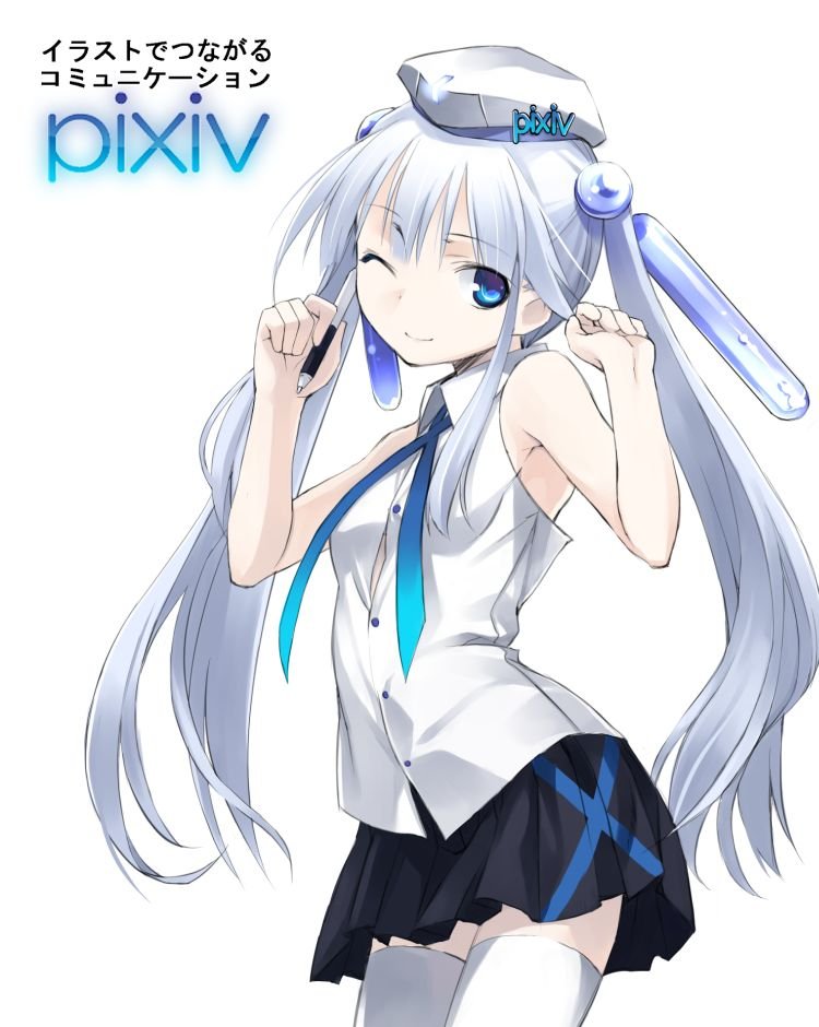 b.k., ichikura (bk), pixiv-tan, pixiv, bad id, bad pixiv id, 1girl, armpits, bare shoulders, blue eyes, blue hair, female focus, hair ornament, long hair, matching hair/eyes, one eye closed, pleated skirt, shirt, simple background, skirt, sleeveless, sleeveless shirt, smile, solo, thighhighs, twintails, white hair, white thighhighs, wink, zettai ryouiki