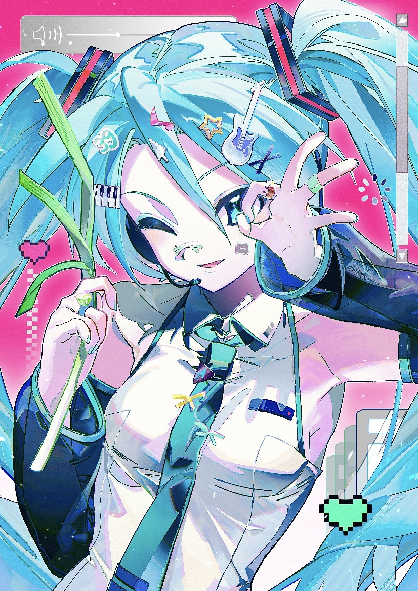 hatsune miku, vocaloid, 1girl, 39, aqua eyes, aqua hair, bandaid, bandaid on face, bandaid on nose, bare shoulders, beret cj, blue eyes, blue hair, blue necktie, blush, cursor hair ornament, detached sleeves, eighth note, fortissimo, gem, green gemstone, hair between eyes, hair ornament, hairclip, heart, instrument hair ornament, jewelry, long hair, looking at viewer, musical note, musical note hair ornament, necktie, number hair ornament, ok sign, open mouth, piano hair ornament, pink background, ring, shirt, simple background, smile, solo, spring onion, star (symbol), star hair ornament, sticker, sticker on face, twintails, upper body, user interface, very long hair, white shirt