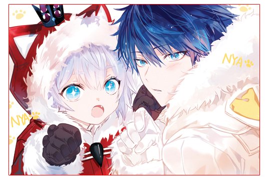 loble, ciel (elsword), luciela r. sourcream, elsword, 1boy, 1girl, alternate costume, animal ears, animal hood, black gloves, blue eyes, blue hair, cat ears, cat hood, coat, crown, duffel coat, fang, fur trim, gloves, hood, hood down, hood up, hooded jacket, jacket, nyan, open mouth, paw pose, paw print, paw print background, purple hair, red jacket, symbol-shaped pupils, white gloves, white jacket