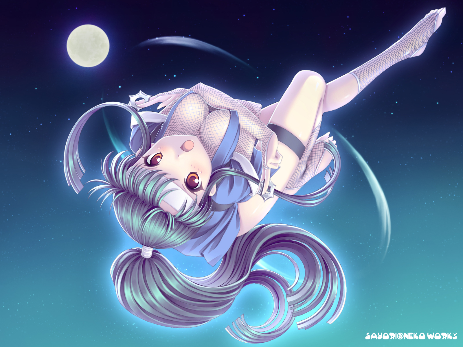 sayori (neko works), original, bad id, bad pixiv id, highres, 1girl, :o, barefoot, breasts, cleavage, covered erect nipples, downblouse, dual wielding, feet, female focus, fishnets, full moon, green hair, headband, holding, large breasts, long hair, moon, night, night sky, ninja, orange eyes, ponytail, shuriken, sky, solo, star (symbol), thigh strap, toeless legwear, toenails, toes, twitter username, upside-down, weapon, x arms