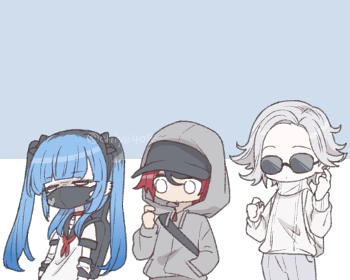 chiyo408, amemiya darumi, aotsuki eito, sumino takumi, the hundred line -last defense academy-, commentary request, lowres, 1girl, 2boys, alternate costume, black bow, black hair, black hat, black mask, black sailor collar, bow, choker, deformed, drawstring, earphones, grey hair, grey hoodie, grey pants, guitar case, hair bow, hat, hat under hood, hood, hood up, hoodie, instrument case, instrument case on back, long sleeves, mask, mouth mask, multicolored hair, multiple boys, neckerchief, pale skin, pants, red choker, red hair, red neckerchief, roots (hair), sailor collar, sailor shirt, shirt, short hair, striped arm warmers, sunglasses, sweater, turtleneck, turtleneck sweater, twintails, twitter username, two-tone hair, white shirt, white sweater