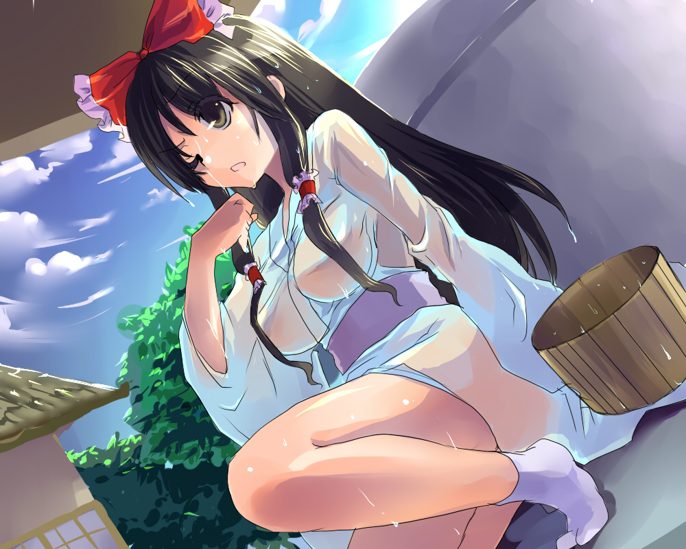 kobanzame, hakurei reimu, touhou, bad id, bad pixiv id, 1girl, black hair, bow, breasts, brown eyes, brown hair, bucket, day, dutch angle, female focus, hair bow, hair over breasts, hair tubes, large breasts, long hair, one eye closed, see-through clothes, solo, squatting, tabi, water, wet, wet clothes, wink