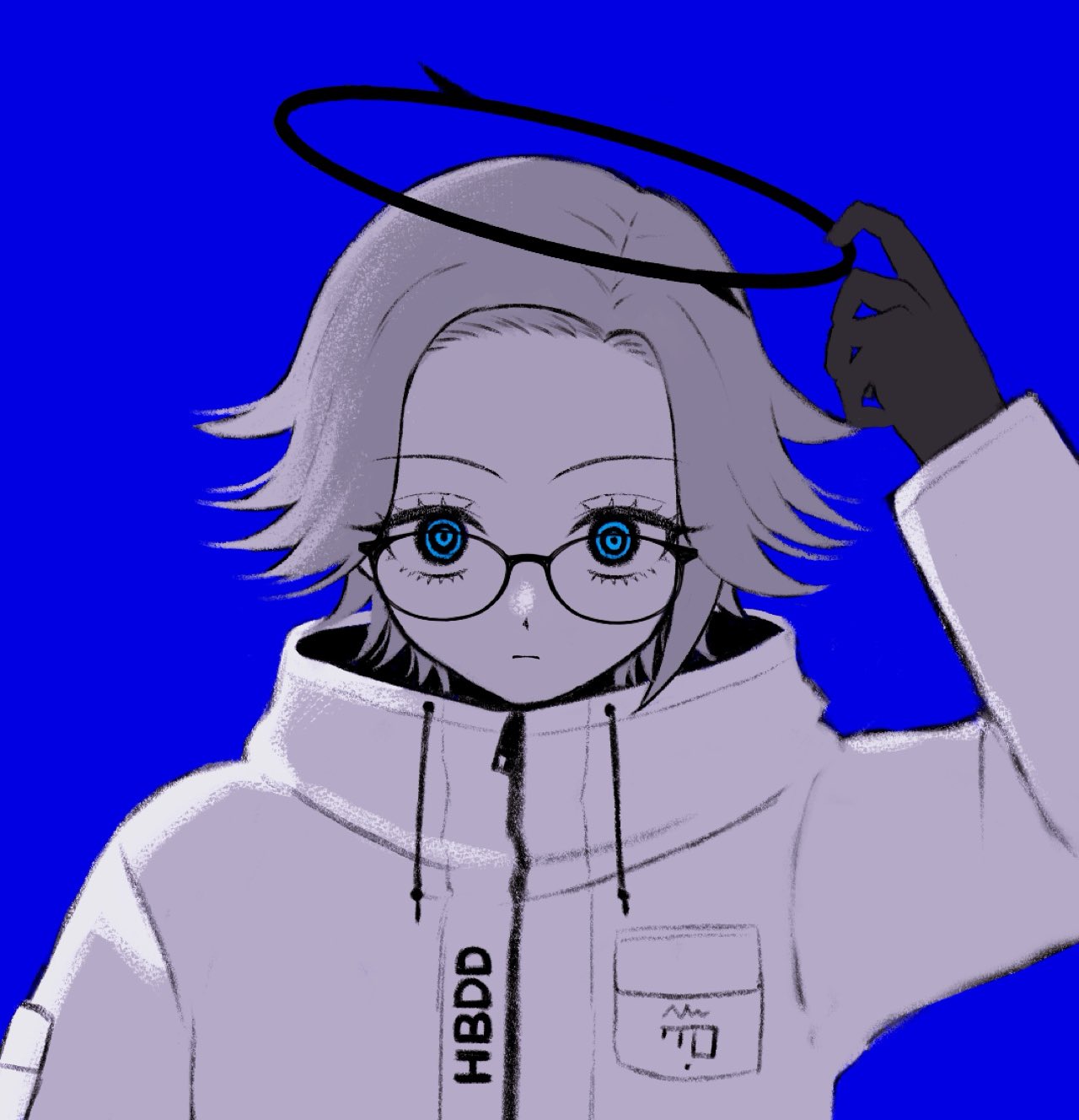 rizu geass, aotsuki eito, the hundred line -last defense academy-, commentary request, highres, variant set, 1boy, adjusting halo, black gloves, black halo, black sclera, blue background, blue eyes, breast pocket, colored sclera, drawstring, expressionless, glasses, gloves, grey hair, halo, jacket, looking at viewer, male focus, pocket, ringed eyes, short hair, simple background, upper body, white jacket, zipper pull tab