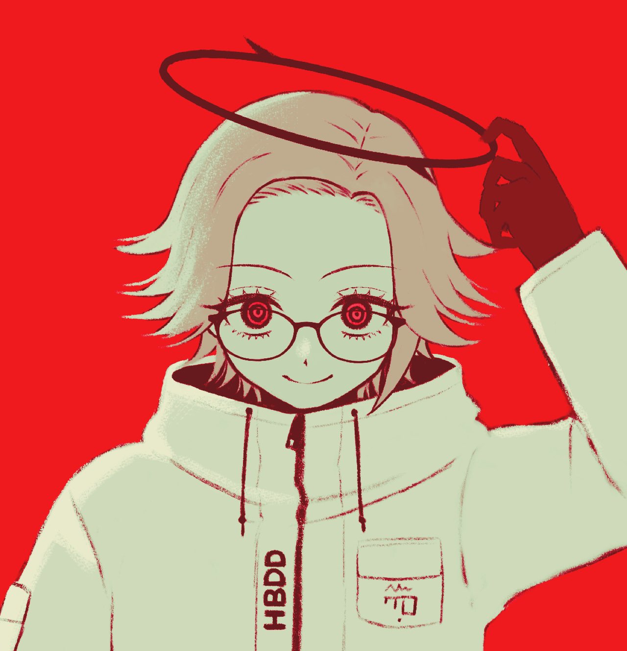 rizu geass, aotsuki eito, the hundred line -last defense academy-, commentary request, highres, variant set, 1boy, adjusting halo, black gloves, black halo, black sclera, breast pocket, colored sclera, drawstring, glasses, gloves, grey hair, halo, jacket, looking at viewer, male focus, pocket, red background, red eyes, ringed eyes, short hair, simple background, smile, upper body, white jacket, zipper pull tab