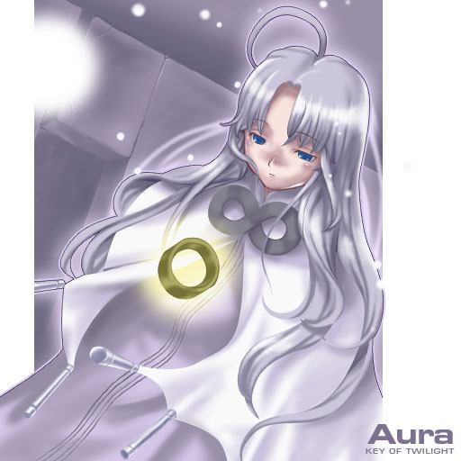 sango (53box), aura (.hack//), .hack//, .hack//games, bandai, cyber connect 2, 1girl, aura, character name, expressionless, female focus, solo, white theme