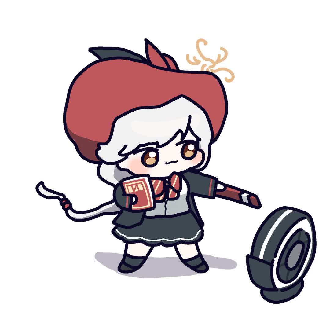 manndoo, eri (blue archive), blue archive, animated, tagme, video, bow, bowtie, braid, chibi, electric fan, gun, halo, hat, holding, holding gun, holding weapon, jacket, long coat, long hair, orange eyes, shirt, skirt, sweater, weapon, white hair, wind, witch hat