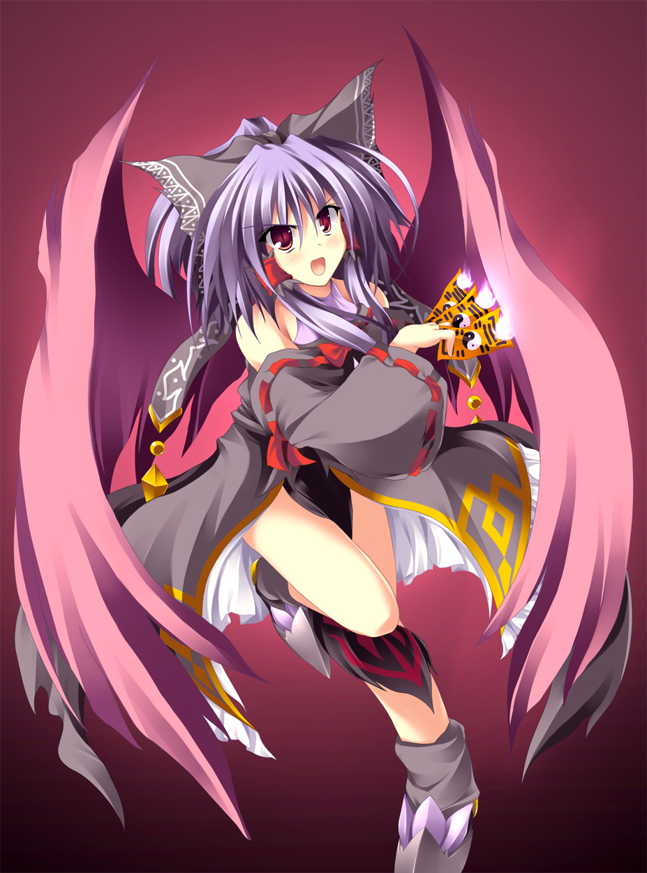 marimo (artist), tateha (marvelous grace), hakurei reimu, meimu, touhou, colorized, highres, 1girl, female focus, hair ribbon, ofuda, open mouth, purple hair, red eyes, ribbon, solo, wings