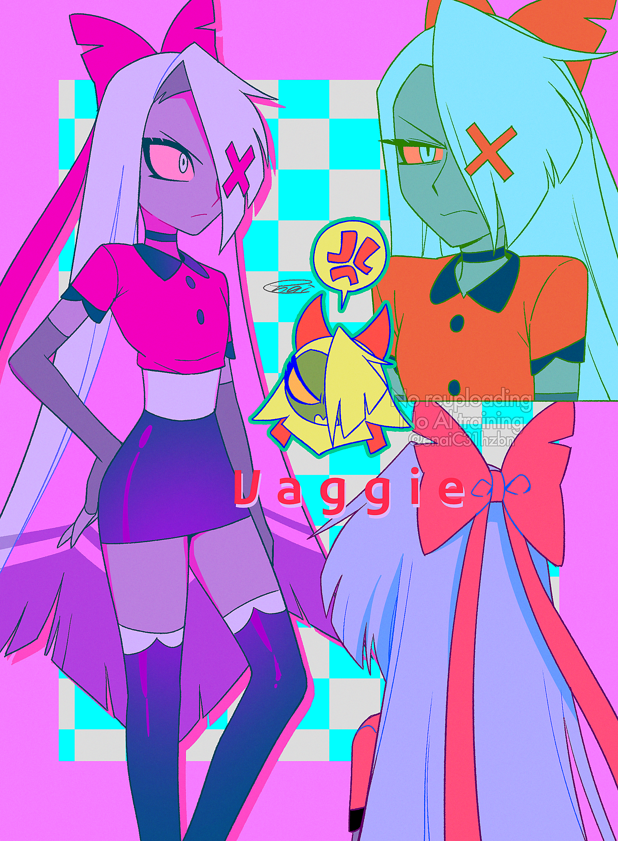 menma (enaic31), vaggie, hazbin hotel, hellaverse, absurdres, commentary request, highres, 1girl, anger vein, aqua background, aqua outline, black choker, black skirt, black thighhighs, border, bow, checkered background, choker, clenched teeth, closed mouth, collared shirt, colored sclera, colored skin, colored tips, contrast collar, cropped torso, elbow gloves, feet out of frame, film grain, fingerless gloves, from behind, gloves, grey background, grey gloves, grey hair, grey skin, hair bow, hand on own hip, long hair, miniskirt, multicolored hair, multiple views, outline, outside border, pencil skirt, pink border, pink bow, pink shirt, red sclera, shirt, signature, simple background, skirt, spoken anger vein, standing, teeth, thighhighs, two-tone background, two-tone hair, upper body, v-shaped eyebrows, very long hair, watermark, white eyes, white hair, zettai ryouiki