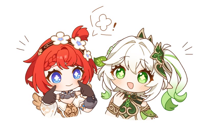 nahida (genshin impact), tribbie (honkai: star rail), genshin impact, honkai: star rail, honkai (series), mihoyo, commentary request, 2girls, black gloves, blue eyes, blush, bracelet, closed mouth, cropped torso, cross-shaped pupils, flower, gloves, gold trim, gradient hair, green eyes, green hair, hair between eyes, hair flower, hair ornament, hands up, jewelry, kurumi dangoo, leaf hair ornament, long hair, multicolored hair, multiple girls, open mouth, pointing, pointing at self, pointy ears, red hair, side ponytail, simple background, sleeveless, smile, symbol-shaped pupils, white background, white flower, white hair