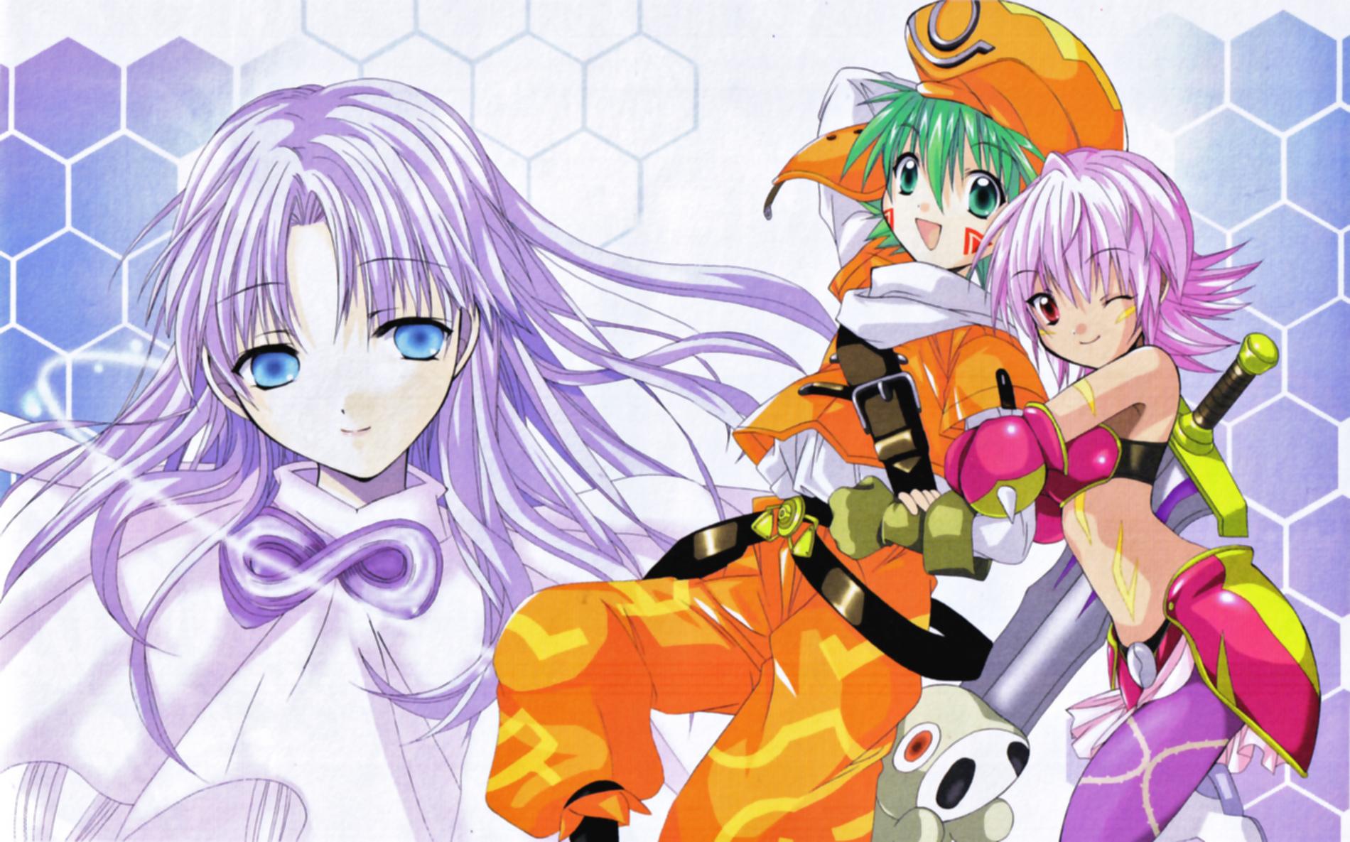 izumi rei, aura (.hack//), grunty, kunisaki rena, kunisaki shugo, shugo, .hack//, .hack//tasogare no udewa densetsu, bandai, cyber connect 2, highres, 00s, 1boy, 2girls, armor, aura, bikini armor, blue eyes, brother and sister, dark skin, gloves, green eyes, green hair, hat, honeycomb background, honeycomb pattern, hug, long hair, midriff, multiple girls, one eye closed, pantyhose, pink hair, purple hair, red eyes, short hair, siblings, smile, strap, sword, tattoo, weapon, wink