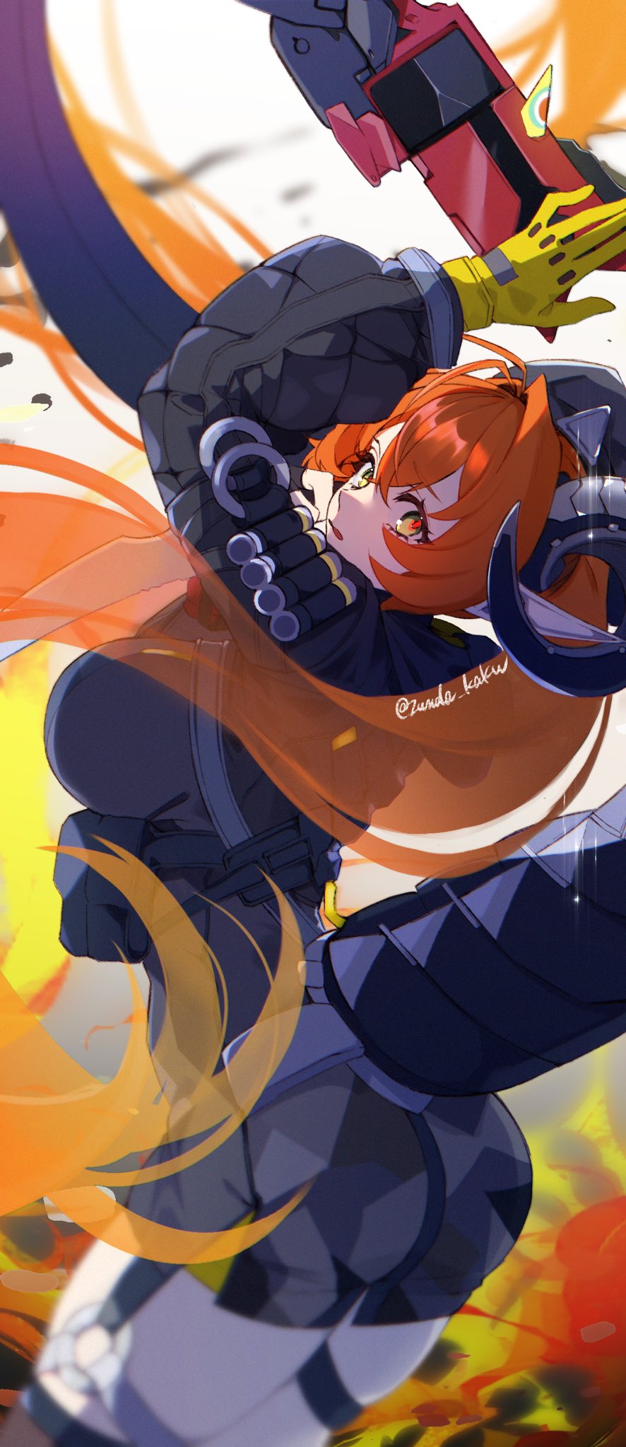 zunda kaku, magus (zenless zone zero), orphie magnusson, zenless zone zero, highres, 2girls, black coat, bullet, coat, gloves, gun, horns, multiple girls, orange hair, pointy ears, tail, weapon, yellow gloves