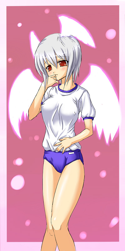 buresu, ultima (fft), final fantasy, final fantasy tactics, 1girl, alternate costume, blush, border, breasts, buruma, covered erect nipples, embarrassed, female focus, glowing, glowing wings, grey hair, gym uniform, hair between eyes, hand on own stomach, hand to own mouth, head wings, legs together, looking at viewer, outside border, parted lips, pink background, purple buruma, shirt, short hair, short sleeves, simple background, solo, standing, wings