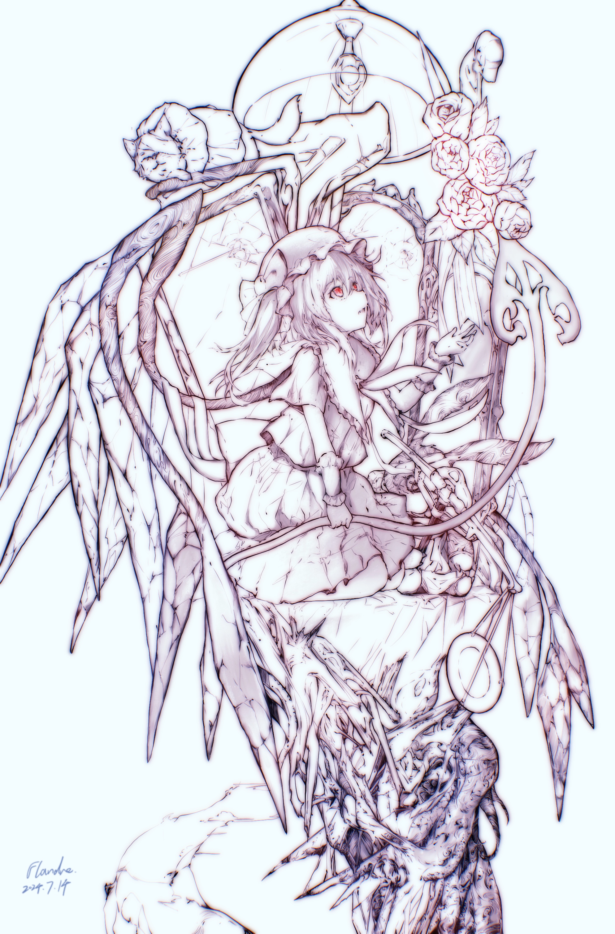flandre scarlet, touhou, absurdres, chinese commentary, commentary request, highres, 1girl, bow, character name, crystal, crystal wings, dated, elegiaswing, flower, hat, hat bow, holding, holding weapon, laevatein (touhou), long hair, mob cap, monochrome, one side up, open mouth, red eyes, rose, short sleeves, sitting, solo, weapon, wings, wrist cuffs