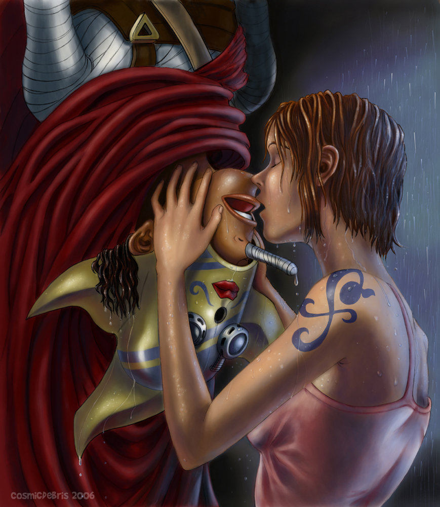 angela (cosmicdebris), nami (one piece), sogeking, spider-man, usopp, cosmic debris, marvel, one piece, spider-man (series), spider-man 1 (2002), 1boy, 1girl, bandages, blouse, cape, closed eyes, dripping, hetero, kiss, mask, parody, pink shirt, rain, shirt, shoulder tattoo, sleeveless, sleeveless shirt, standing, tattoo, upside-down, upside-down kiss, wet