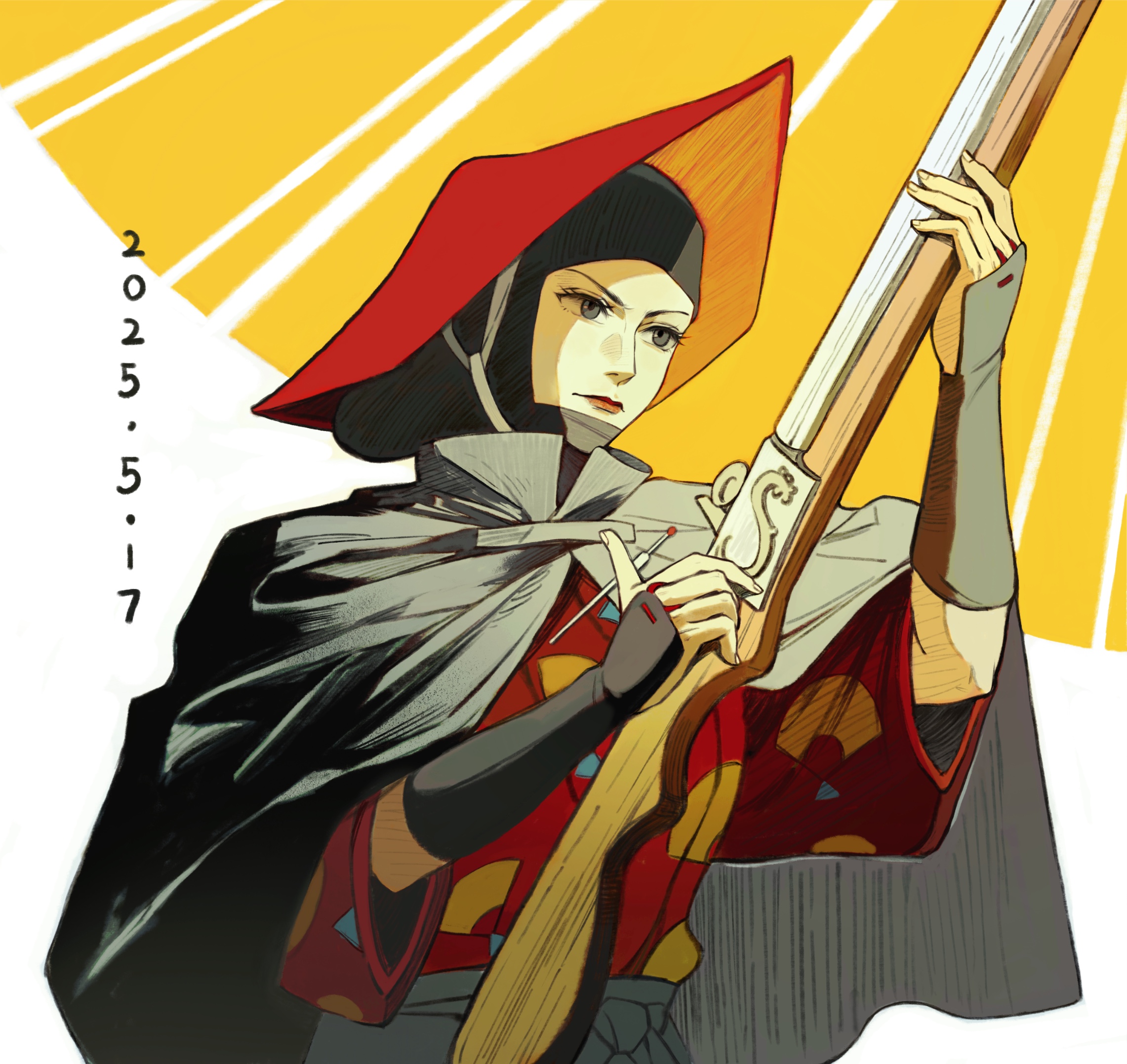 chaojufei, eboshi, mononoke hime, commentary, highres, 1girl, 2025, dated, gun, hat, holding, holding gun, holding weapon, japanese clothes, solo, weapon