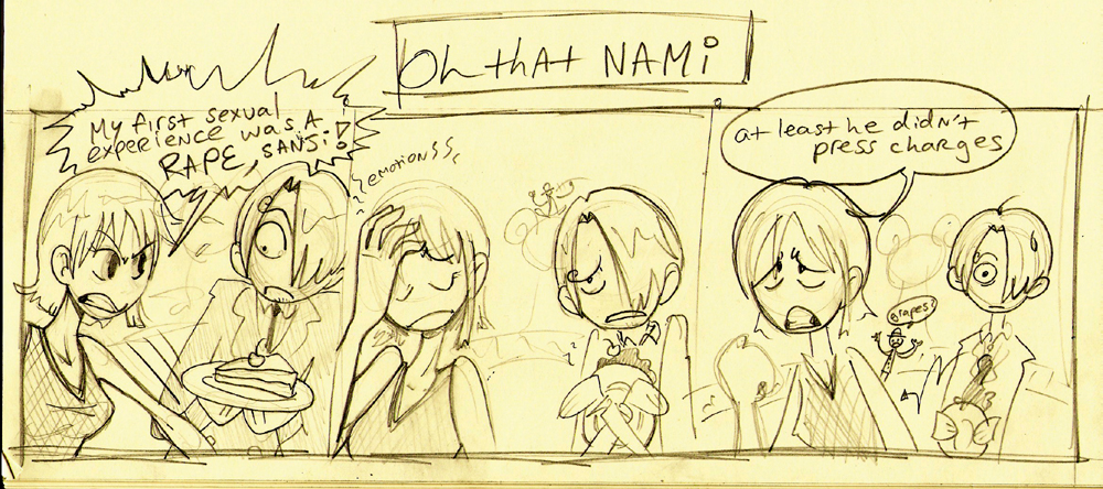 rocketgal, going merry, monkey d. luffy, nami (one piece), sanji (one piece), one piece, 1girl, 2boys, cake, comic, femdom, food, hair over one eye, hat, monochrome, multiple boys, necktie, pirate, rape, ship, standing, watercraft