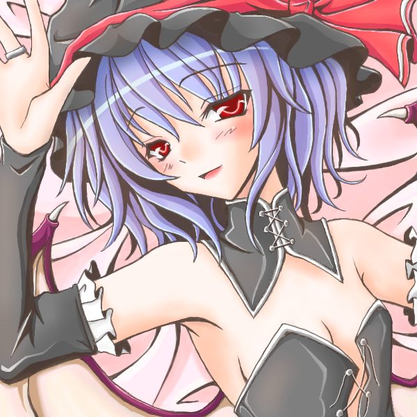 remilia scarlet, touhou, silver hair, 1girl, arm garter, armpits, arms up, breasts, cleavage, collarbone, detached sleeves, female focus, frills, hat, long sleeves, mob cap, red eyes, short hair, solo