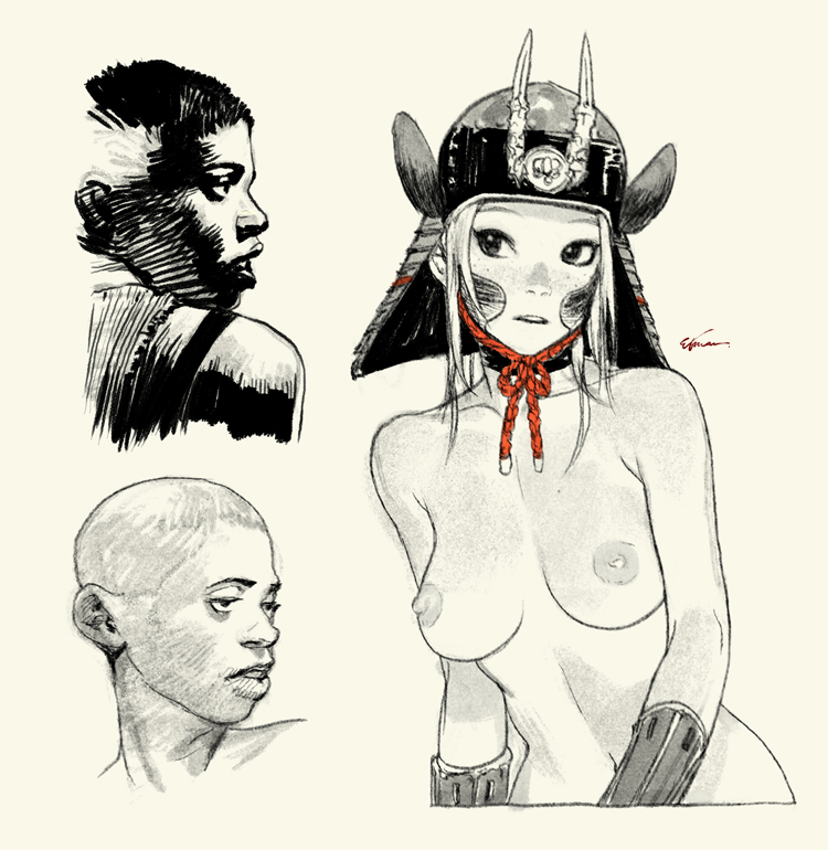 etama quomo, original, graphite (medium), traditional media, 1girl, 2boys, armor, breasts, collarbone, freckles, greyscale, helmet, japanese armor, kabuto (helmet), lips, medium breasts, monochrome, multiple boys, navel, nipples, parted lips, short hair, signature