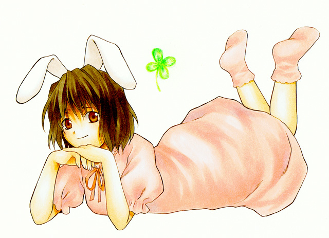 l.t (artist), monja sungura, inaba tewi, touhou, traditional media, 1girl, animal ears, black hair, clover, copic, female focus, four-leaf clover, rabbit ears, red eyes, simple background, solo
