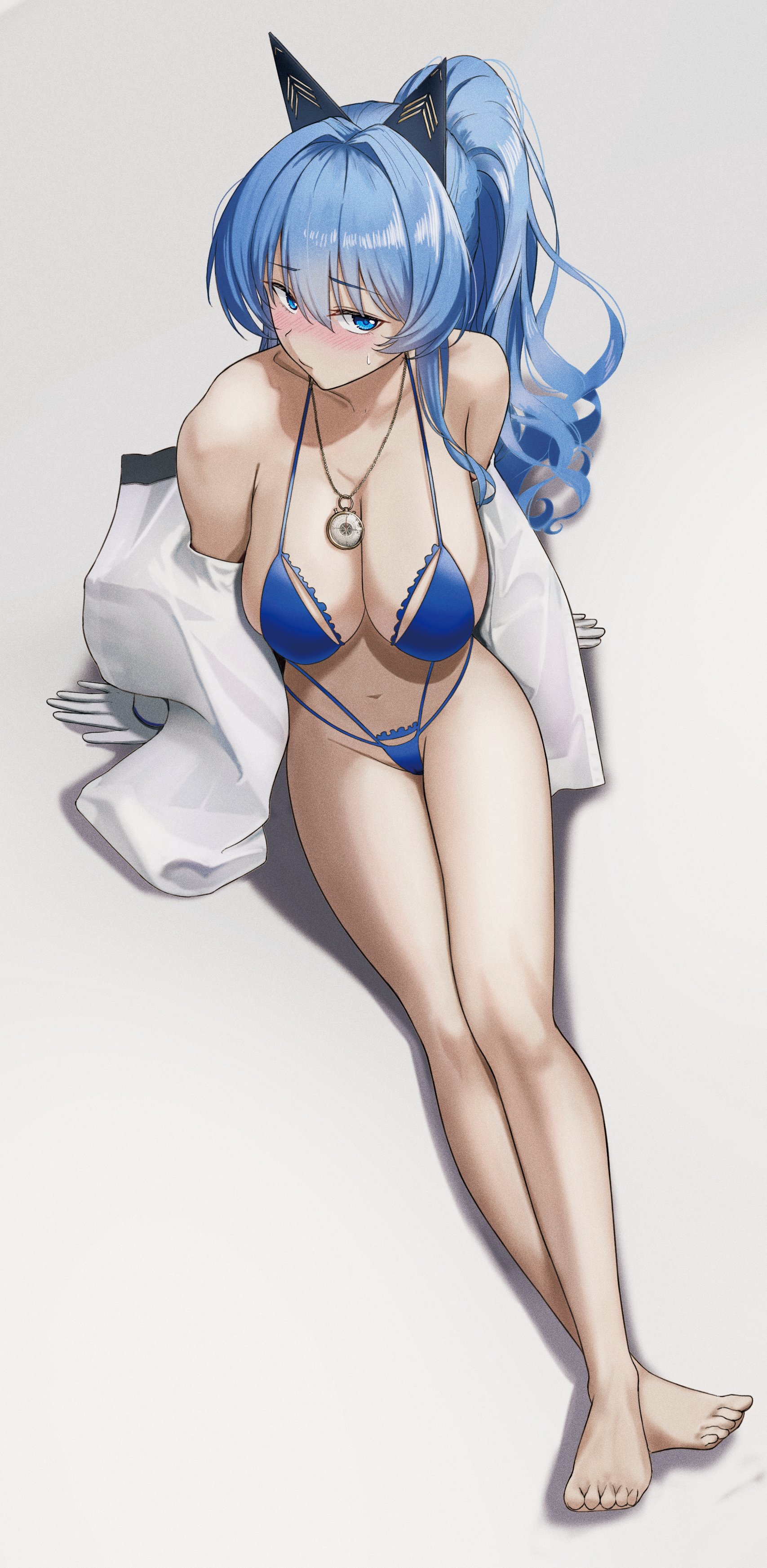 akaneiro (akane color35), helm (aqua marine) (nikke), helm (nikke), goddess of victory: nikke, absurdres, highres, 1girl, bikini, blue bikini, blue eyes, blue hair, blush, breasts, cleavage, clock necklace, collarbone, eyepatch bikini, full body, gloves, groin, horns, jacket, jewelry, large breasts, legs, long hair, long sleeves, looking at viewer, mechanical horns, multi-strapped bikini bottom, naval jacket, necklace, off shoulder, official alternate costume, ponytail, shirt, solo, swimsuit, thighs, white background, white gloves, white jacket