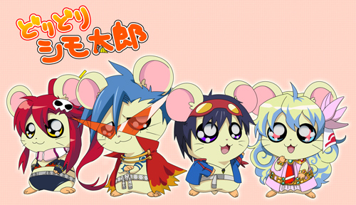 abitu, kamina (ttgl), nia teppelin, simon (ttgl), yoko littner, hamtaro (series), tengen toppa gurren lagann, lowres, crossover, kamina shades, no humans, parody, triangular eyewear