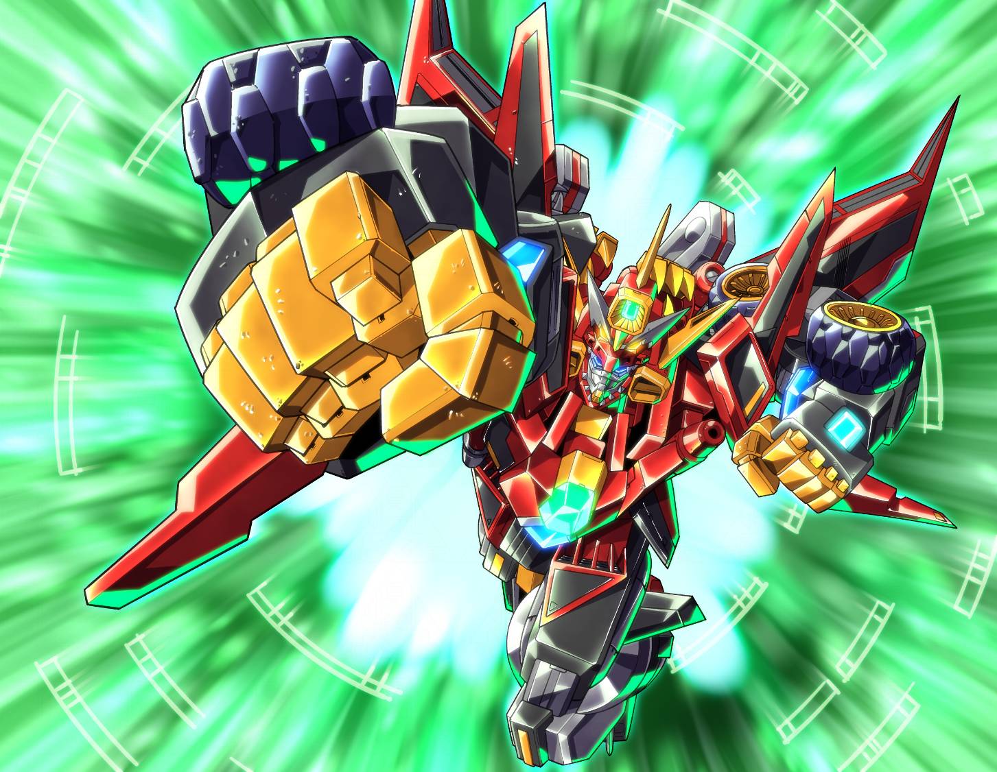 amakawa mayu, dynazenon (character), gridman universe, ssss.dynazenon, clenched hand, clenched hands, green background, mecha, mechanical wings, no humans, punching, reaching, reaching towards viewer, robot, super robot, wings