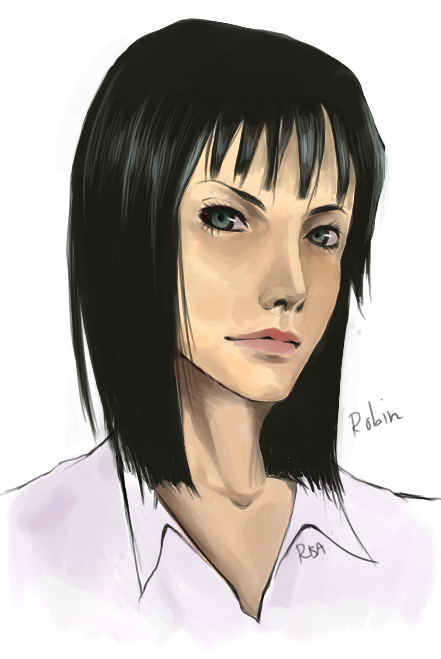 kurarisa, nico robin, one piece, 1girl, black hair, blue eyes, closed mouth, collared shirt, expressionless, female focus, lips, looking at viewer, shirt, short hair, signature, simple background, solo, white background