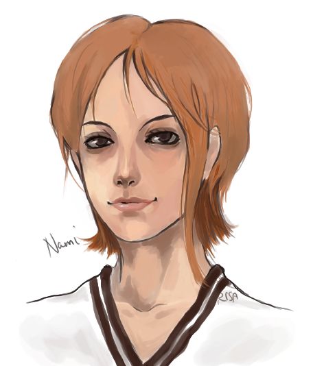 kurarisa, nami (one piece), nami (one piece) (east blue), one piece, 1girl, blue eyes, character name, closed mouth, collarbone, female focus, lips, looking at viewer, orange hair, portrait, shirt, short hair, signature, simple background, smirk, solo, t-shirt, upper body, v-neck, white background, white shirt