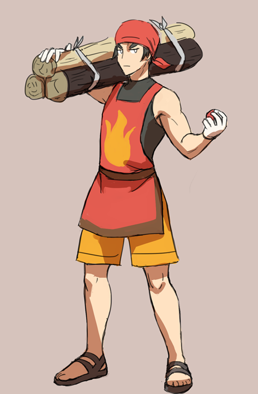 chips n cookies, kabu (pokemon), nintendo, pokemon, pokemon swsh, 1boy, aged down, bandana, black hair, full body, gloves, grey background, holding, holding poke ball, log, male focus, poke ball, poke ball (basic), red bandana, sandals, shirt, simple background, sleeveless, sleeveless shirt, solo, standing, white gloves