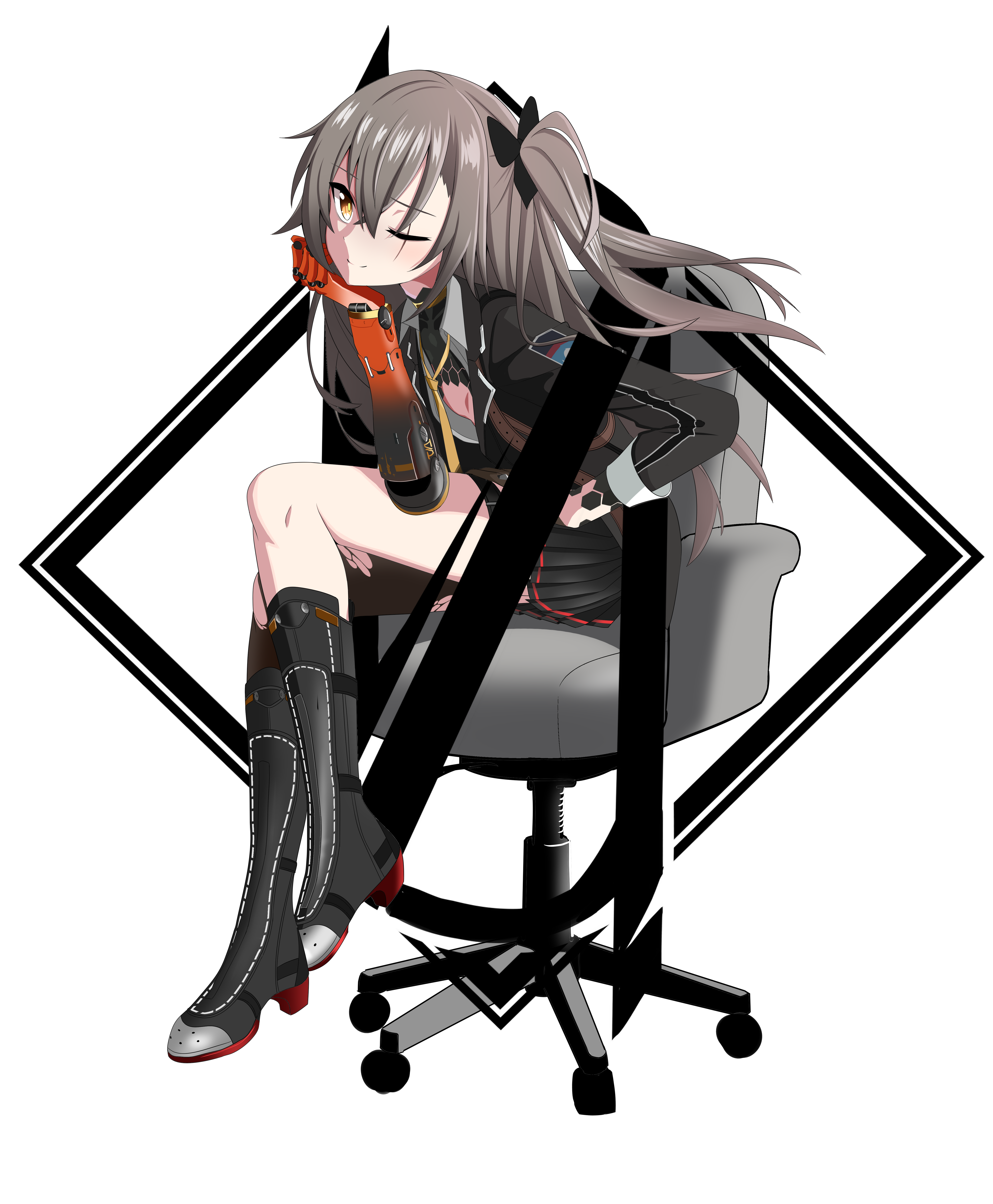 yukari (mzzu7342), leva (girls' frontline 2), ump45 (girls' frontline), girls' frontline, girls' frontline 2: exilium, absurdres, commentary, highres, 404 logo (girls' frontline), black boots, black bow, black jacket, black skirt, blush, boots, bow, brown eyes, brown hair, chair, closed mouth, collared shirt, full body, hair bow, jacket, long hair, mechanical arms, office chair, on chair, one eye closed, one side up, partially unbuttoned, pleated skirt, prosthesis, prosthetic arm, scar, scar across eye, scar on face, shirt, simple background, single mechanical arm, sitting, skirt, smile, swivel chair, white background, white shirt