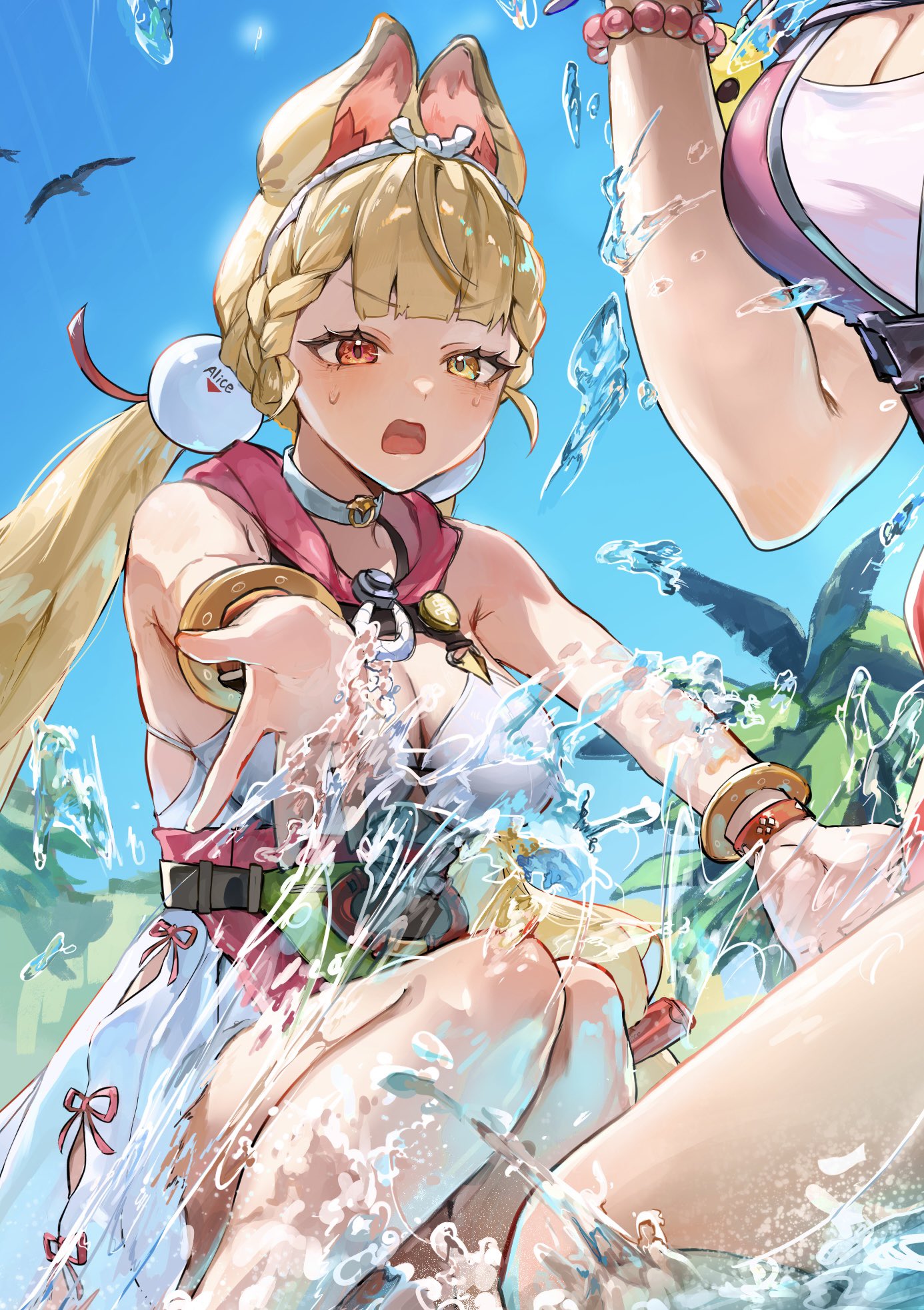 shiraki (y aira srk), alice thymefield, alice thymefield (sea of thyme), ukinami yuzuha, ukinami yuzuha (tanuki in broad daylight), zenless zone zero, commentary, highres, 2girls, animal ears, bare shoulders, blonde hair, bracelet, heterochromia, jewelry, multiple girls, open mouth, palm tree, rabbit ears, sweatdrop, swimsuit, tree, water, water drop
